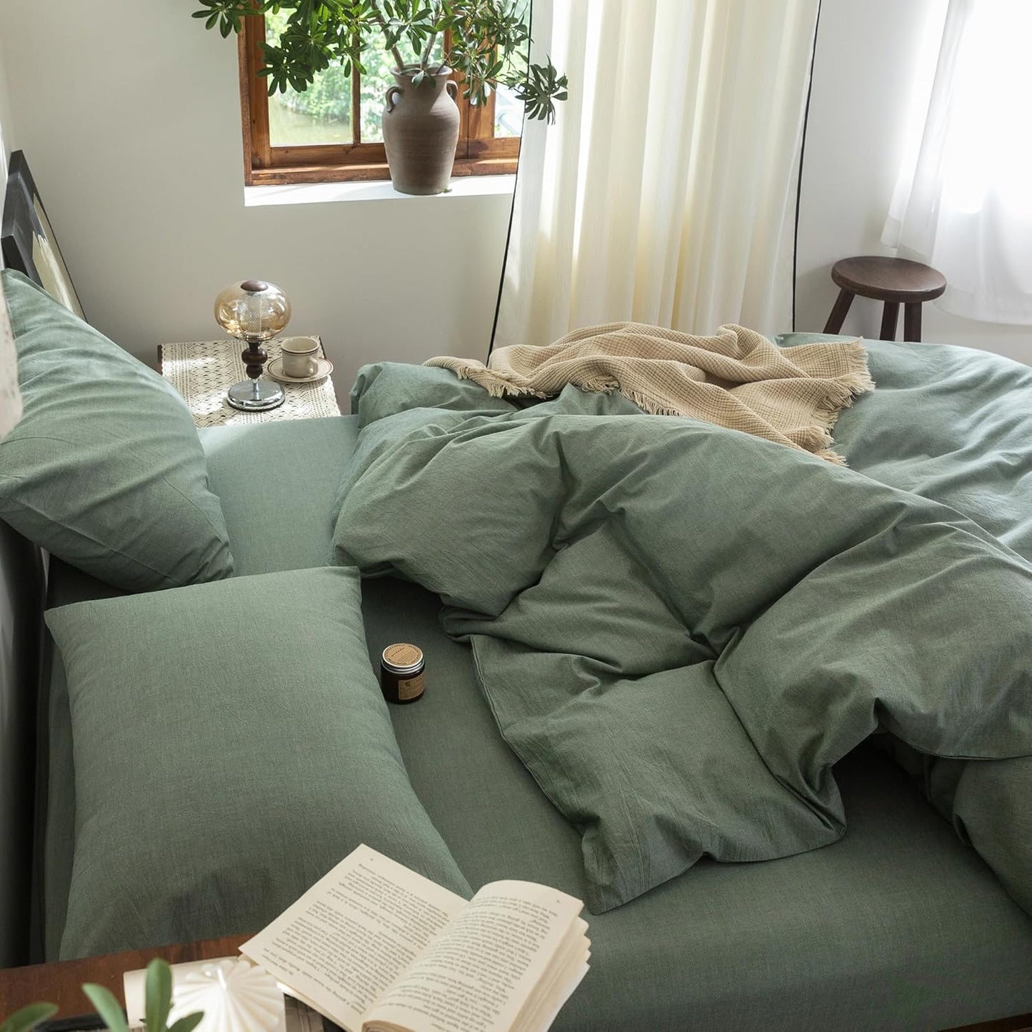 FOSSA Duvet Cover Set 100% Washed Cotton Linen Feel Super Soft Breathable Cozy Simple Style 3 Pieces Bedding Sets Solid Heathered Green Oversized Queen