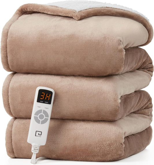 EHEYCIGA Heated Blanket Electric Blanket Twin - Heating Blanket with 5 Heating Levels & 10 Hours Auto Off, Soft Cozy Sherpa Washable Blanket with Fast Heating, 62 x 84 Inches, Camel
