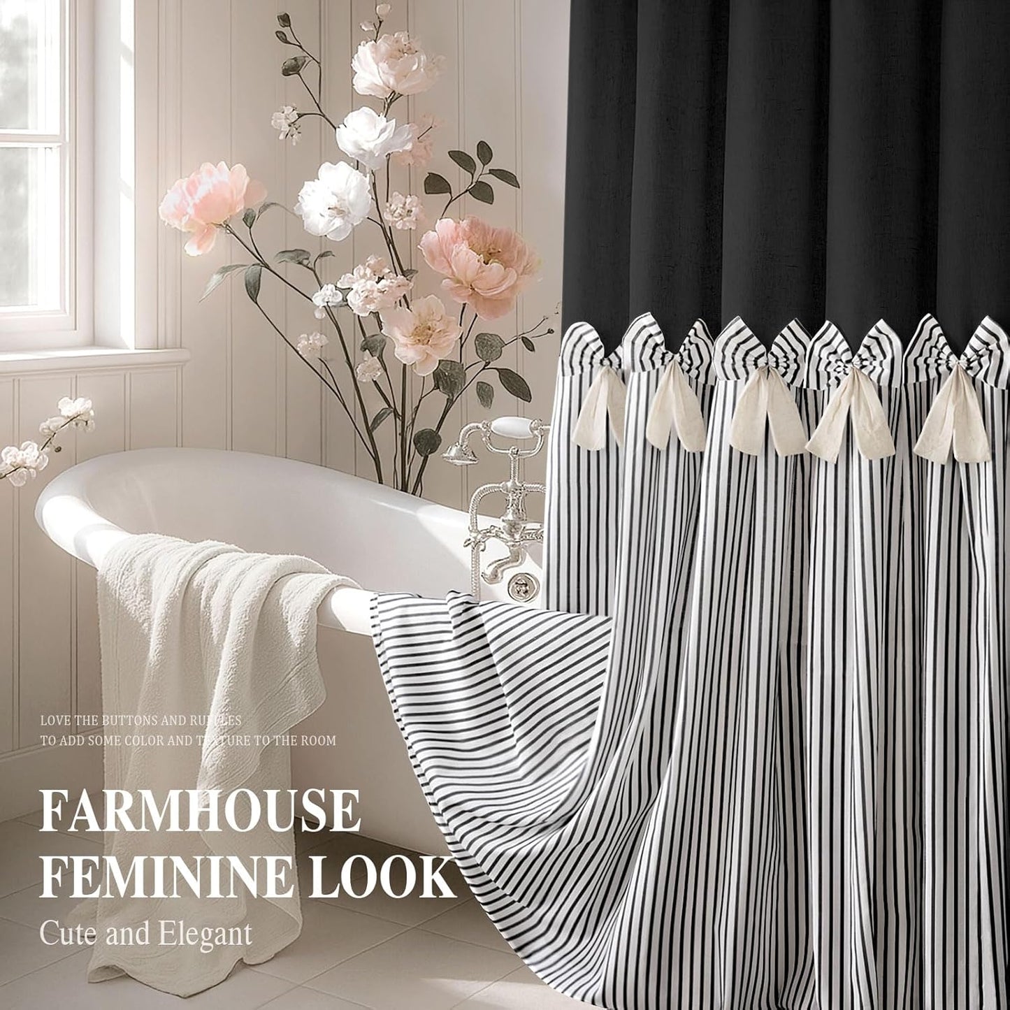 Farmhouse Shower Curtain Linen Blcak Bow Woven Fabric Country Rustic Western, Pleated Black Stripe 72" W x 72" L