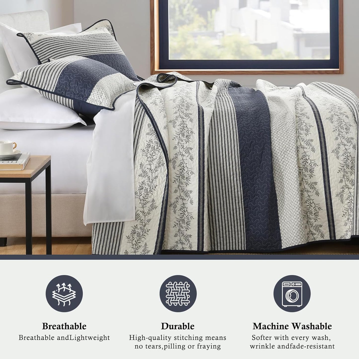 Stripe Queen Quilt Set - 100% Cotton Soft Lightweight 3 Pieces Bedding Set, Vintage Vine Pattern Quilted Bedspread with 2 Pillow Shams, Farmhouse Printed Coverlet for All Season, Navy/Gray