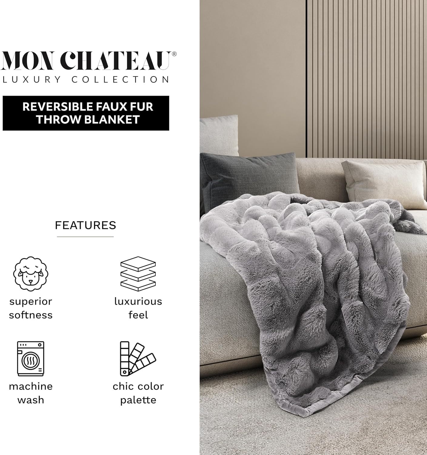 Mon Chateau 60" x 70" Hearthside Faux Fur Throw Blanket, Reversible Soft Blanket for Queen-Size Bed, Couch, or Sofa, Cozy Home Decor and Stylish Living Room Comfort, Fog Stone