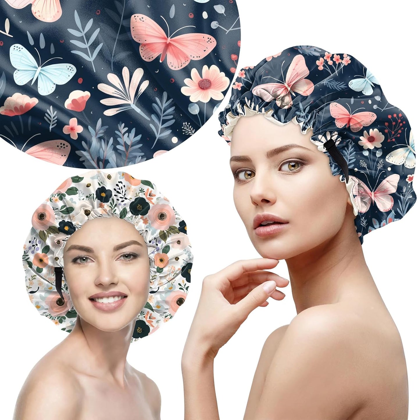 2 PCS Bonnets for Women Girls Satin Hair Bonnet Silk Adjustable Elastic Double Layer Hair Wrap Sleep Cap Comfort Cute-Floral