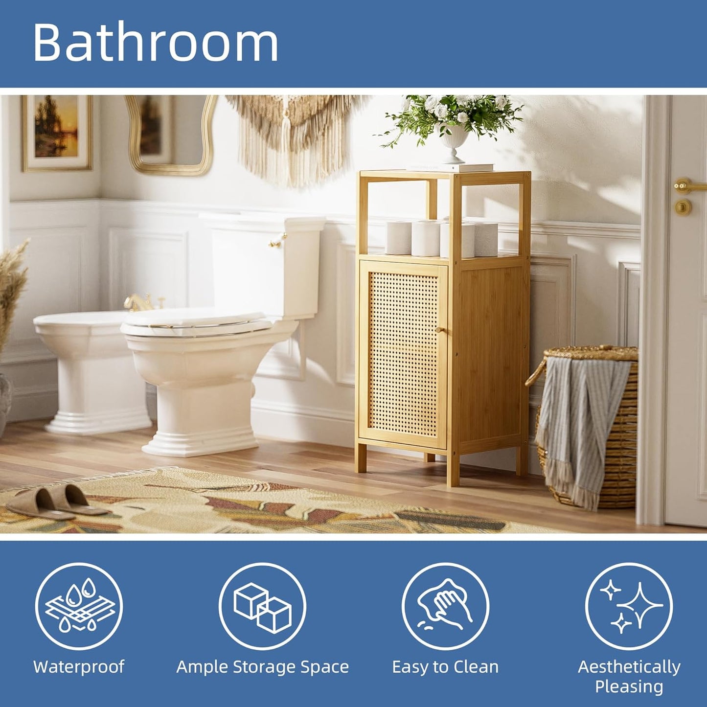 HITNET Rattan Bathroom Storage Cabinet, Small Bamboo Floor Cupboard with Door, Freestanding Narrow Side Organizer for Living Room, Kitchen, Entryway, Natural