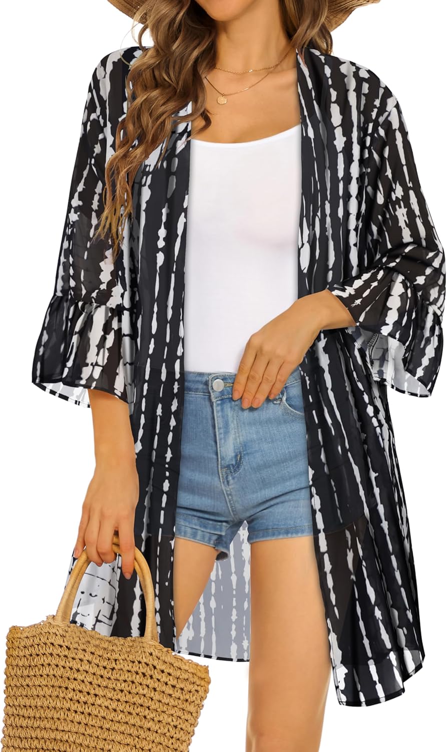 CHICGAL Womens Kimono for Summer Puff Sleeve Cardigan Casual Loose Fit Beach Cover Ups Resorts Swimwear