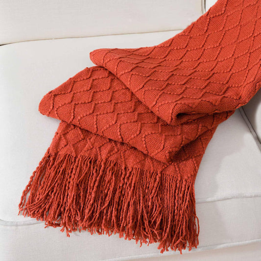 BATTILO HOME Rust Throw Blanket for Couch, 50" x 60", Acrylic Knit Woven Summer Blanket, Lightweight Decorative Soft Nap Throw with Tassel for Chair Bed Sofa Travel Picnic, Suitable for All Seasons