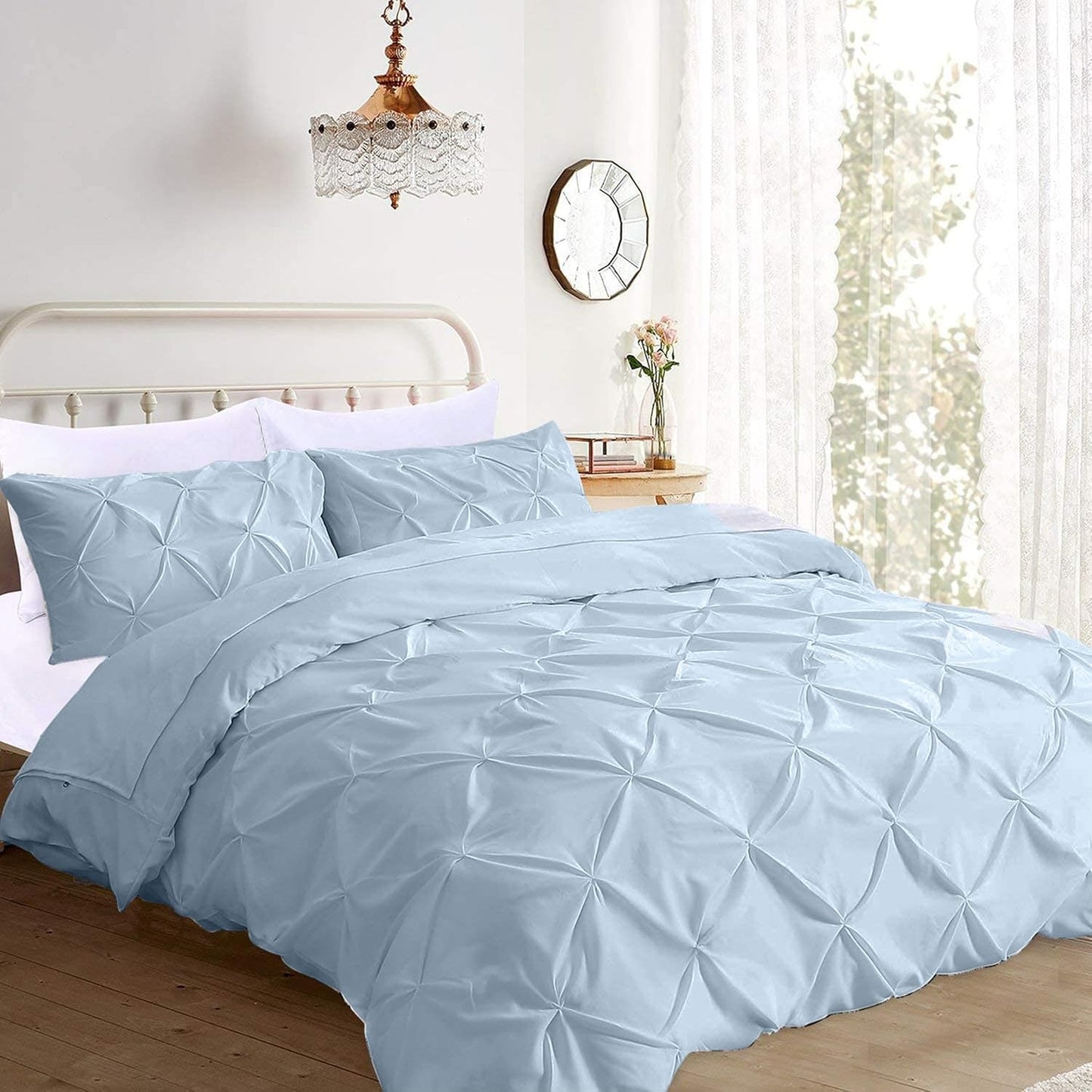 Pinch Pleated Duvet Cover Set 100% Brushed Microfiber 3PC Calking Size 98x104 Duvet Cover Set, Decorative Pinch Design Sky Blue Duvet Cover with Matching Pillow Case