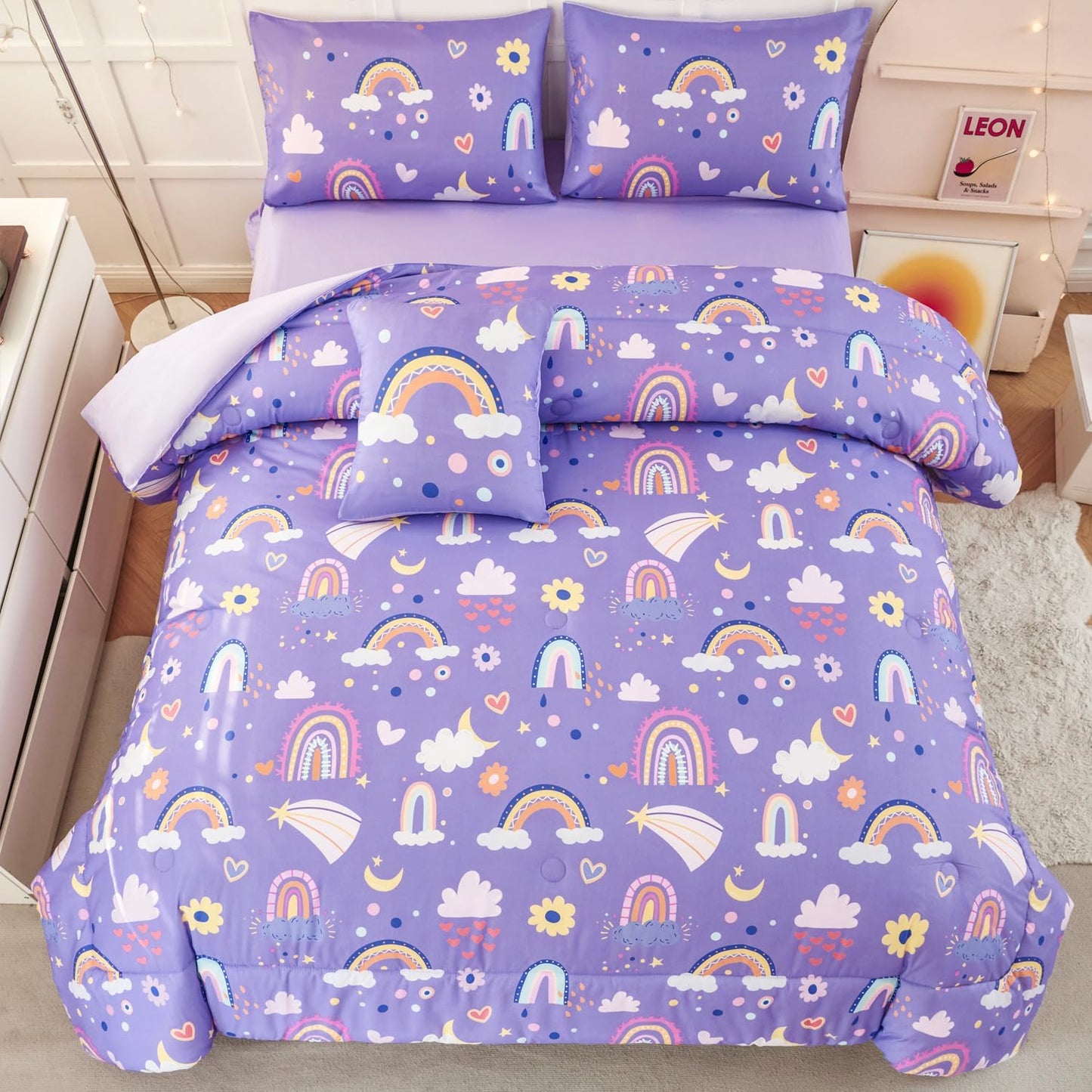ANGIYUIN 6 Pieces Purple Twin Bedding Set Rainbow Bedding Set for Girls Love Hearts and Moon Design Kids Bed Set Soft Girl Bed in A Bag with Sheets, Purple, Twin