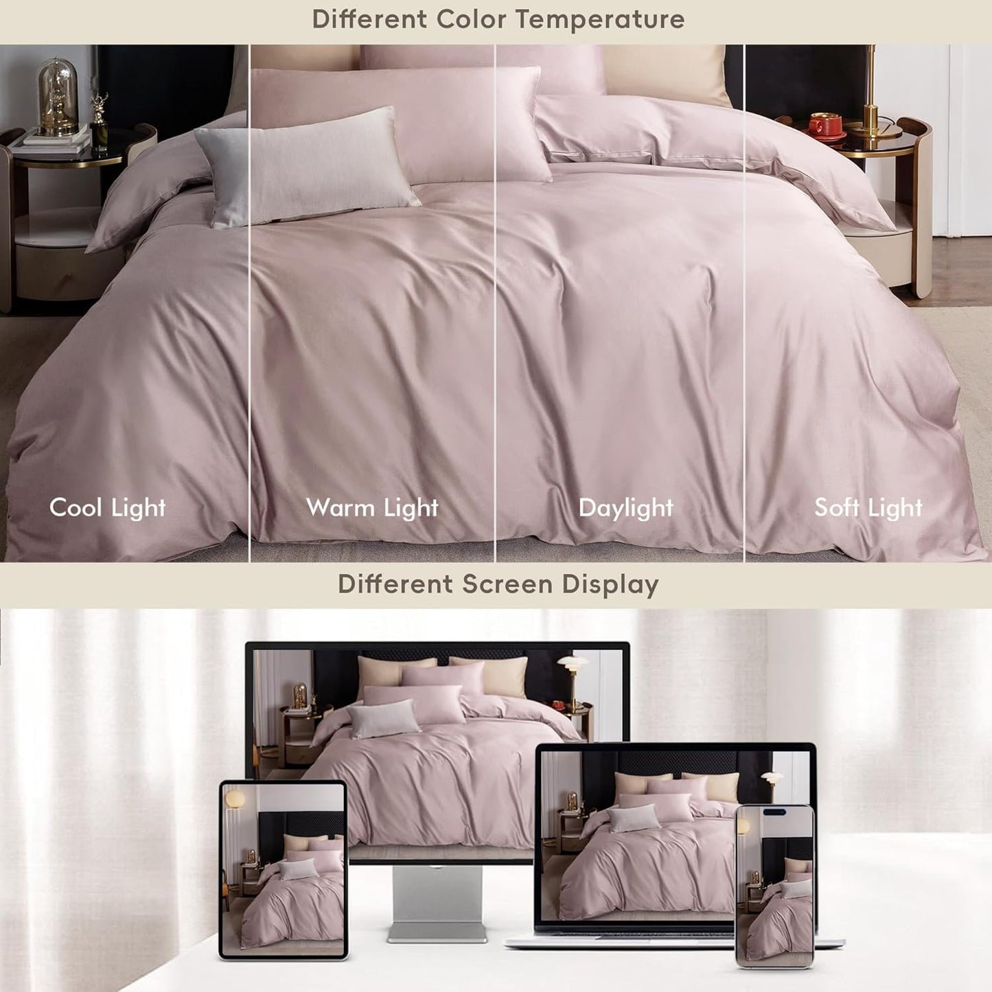 MooMee Duvet Cover Set 100% Extra Long Staple Cotton 600 Thread Count Silky Sateen Smooth Luxury Soft Breathable Durable Hotel Quality Bedding, 3 Pieces (Pale Mauve, King 104"x90")