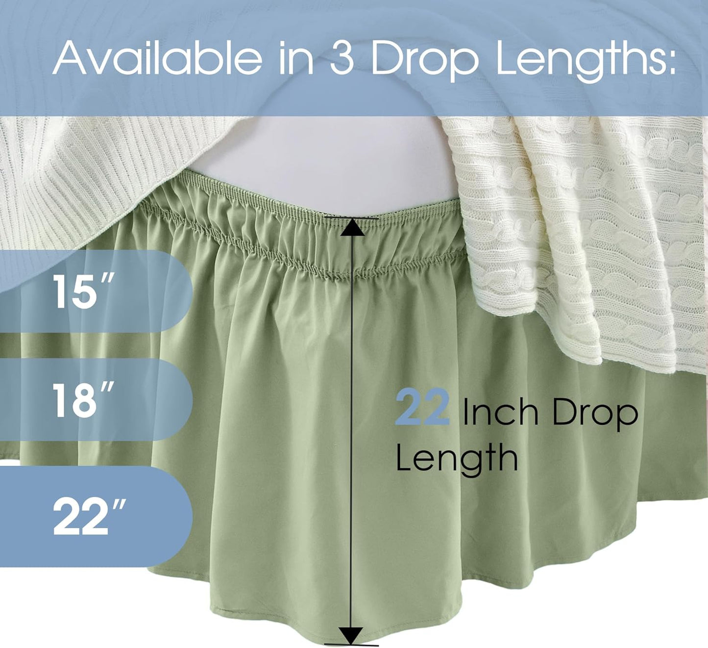 FreshCulture Twin Bed Skirt, Elastic Wrap Around Bed Skirt Twin Size, Bed Skirts for Adjustable Bed, Easy Fit with 22 Inch Drop Length, Hotel Quality Dust Ruffle for Twin Bed (Sage Green)