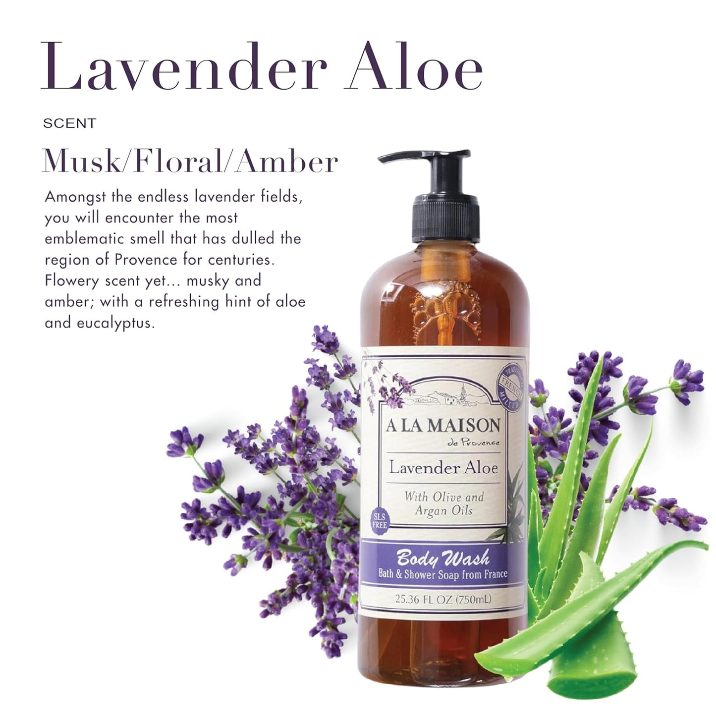 A LA MAISON French Hydrating Liquid Body Wash, Lavender Aloe - Natural Body Wash Made with Essential Oils - Biodegradable, Plant-Based, Vegan, Cruelty-Free, Alcohol & Paraben Free (25.36 oz, 2 Pack)