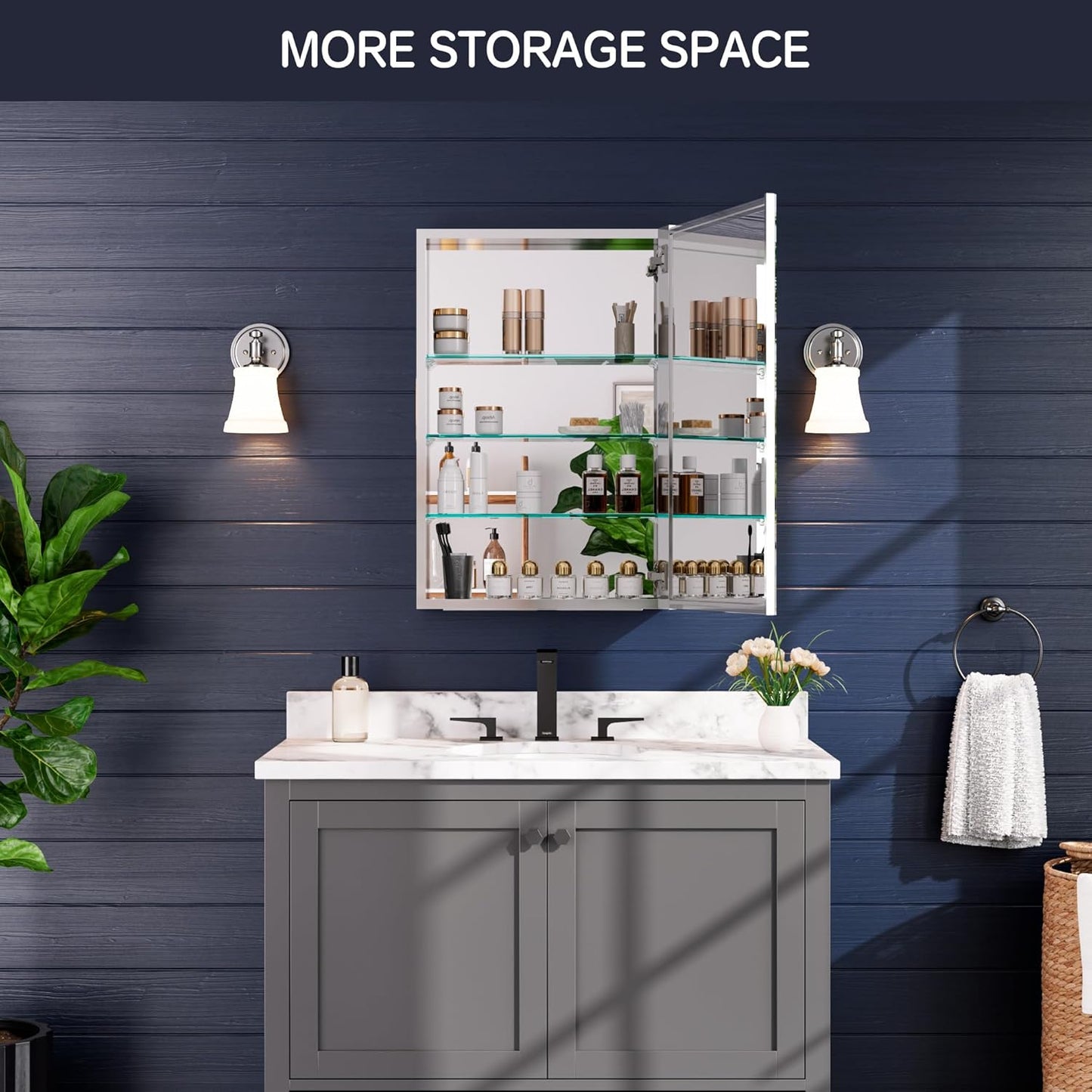 Medicine Cabinet 20" x 30", Bathroom Medicine Cabinet with Mirror, Recessed Medicine Cabinets with Adjustable Shelves, Soft-Closing Door, and Aluminum Alloy Frame - Reverse Installation, Silver