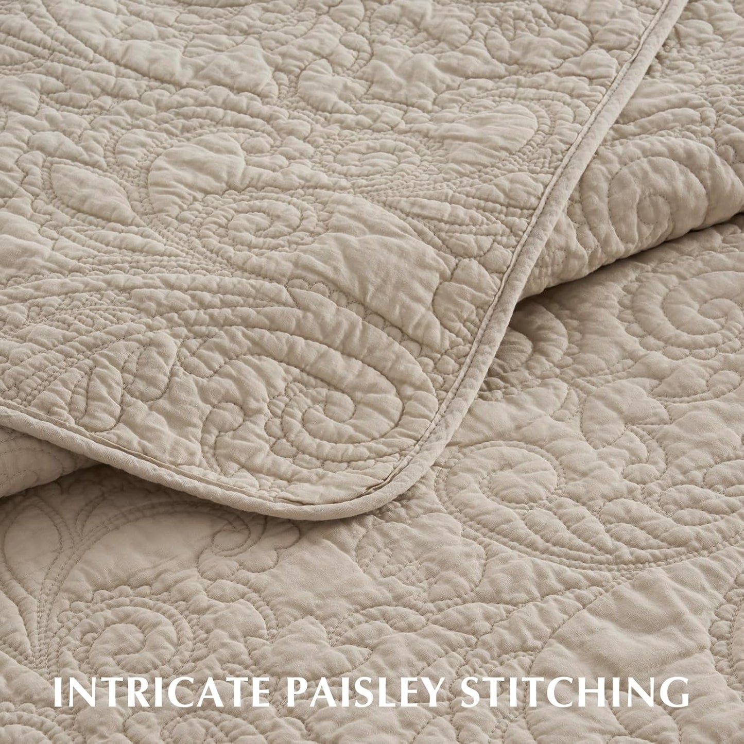 EVERGRACE 100% Cotton Paisley Quilt Set, King Size 3 Piece Set – Prewashed Lightweight Bedspread with 2 Shams, Soft & Breathable Matelasse Coverlet for All-Season Comfort, Flax Beige