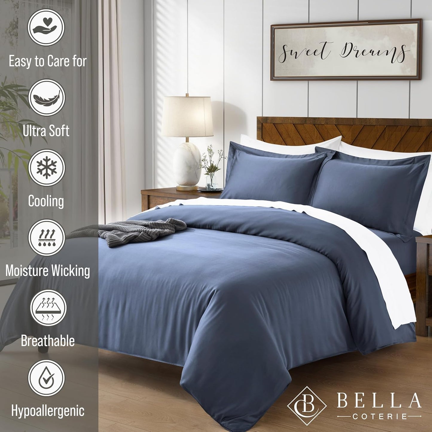 Bella Coterie Luxury Bamboo Viscose California King Size Duvet Cover Set | 100% Organically Grown | Corner Ties | Ultra Soft | Cooling | Two Pillow Shams | 106 x 94 | No Insert [Slate Blue]