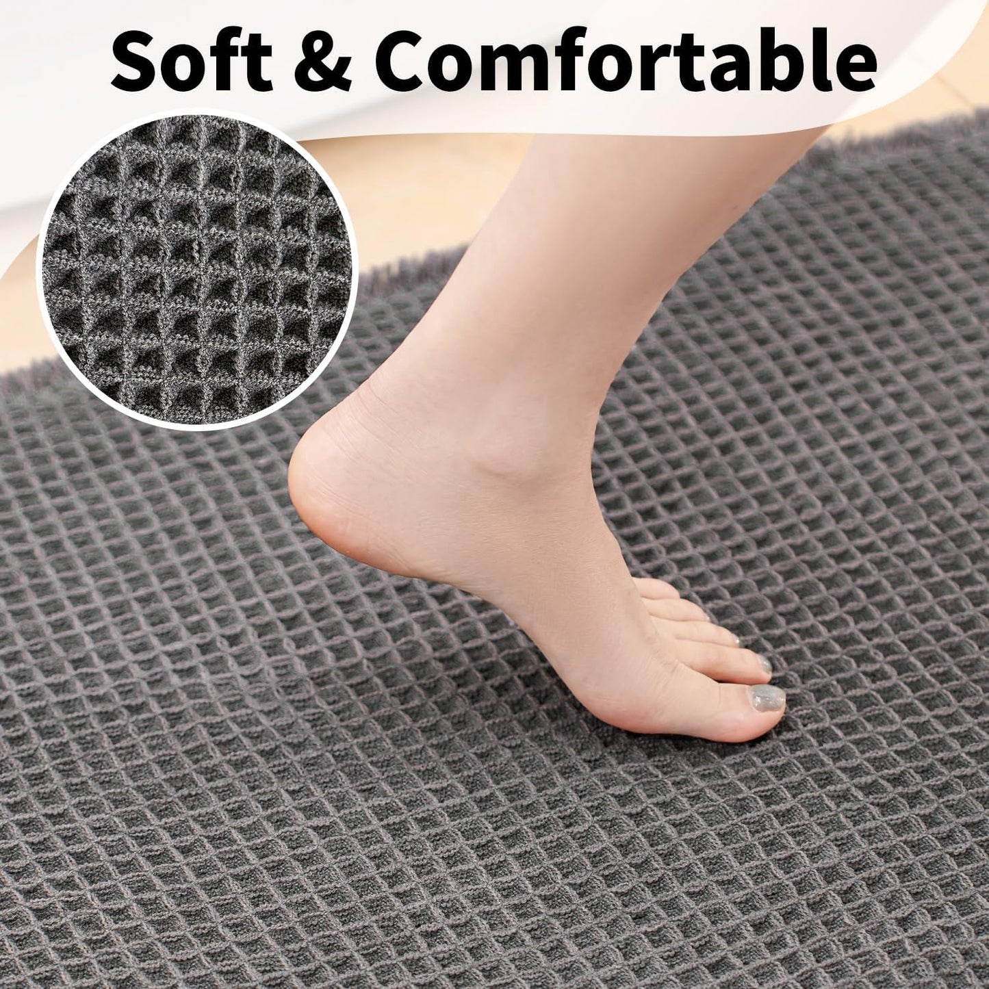 Waffle Bath Mat - Boho Bathroom Rugs Non Slip Washable, Super Absorbent & Quick Dry, Soft Bath Mat Farmhouse Bathroom Decor, 24'' x 36'', Dark Grey