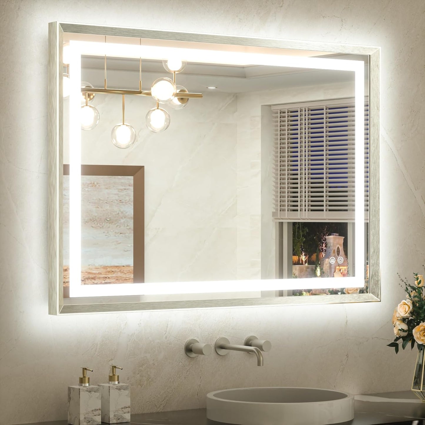 TETOTE 40 x 30 Bathroom Mirror Brushed Bright Nickel Metal Frame Frontlit & Backlit Vanity Mirror 3 Colors White/Warm/Natural Stepless Dimmable Anti-Fog Bathroom Mirrors for Vanity Wall-Mounted