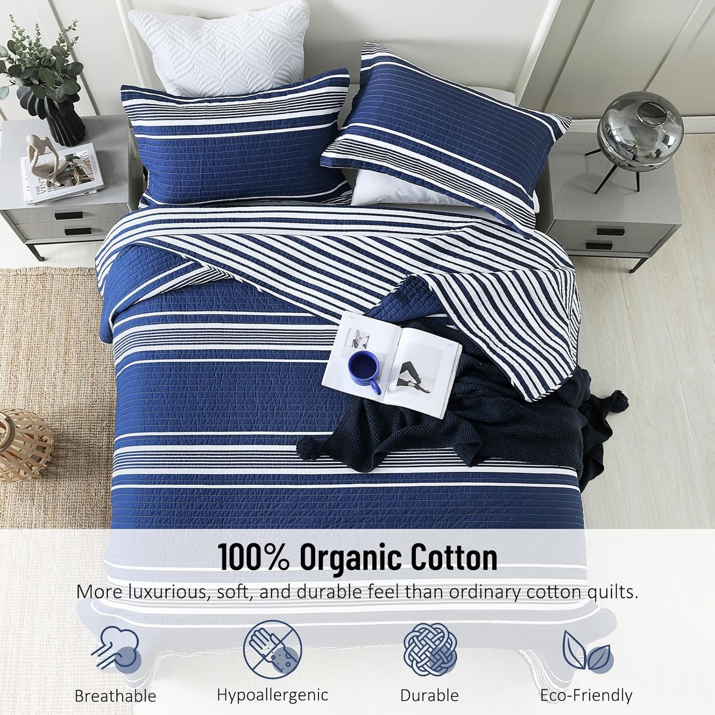 Striped King Size Quilt - 100% Cotton Navy Blue White Striped Modern Boys Men Unisex Quilt Bedspread for King Bed, Lightweight Reversible Quilted Bedding Set with 2 Pillow Shams for All Season