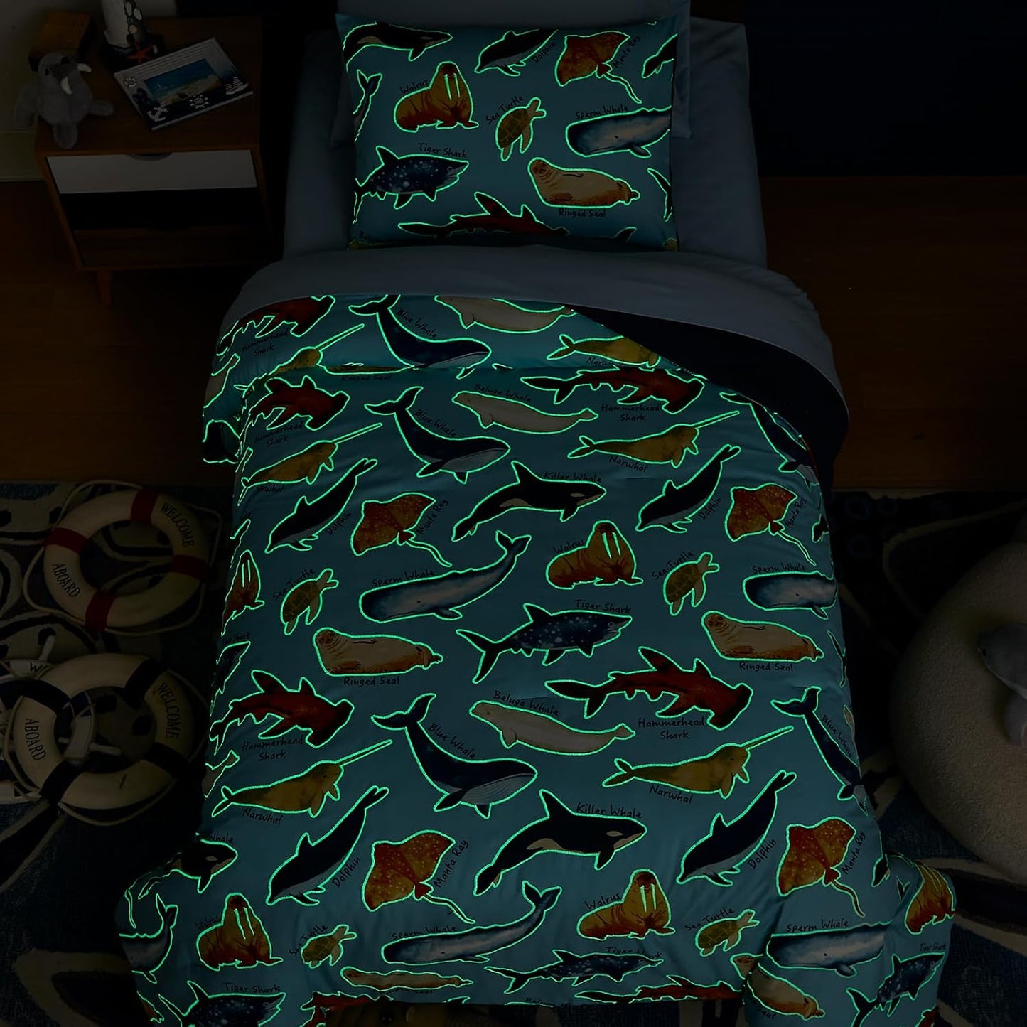 Twin Comforter Set for Boys-5 Pieces Ocean Animals Glow in The Dark Twin Bedding Sets for Kids, Ultra Soft Bed in A Bag with Sheets