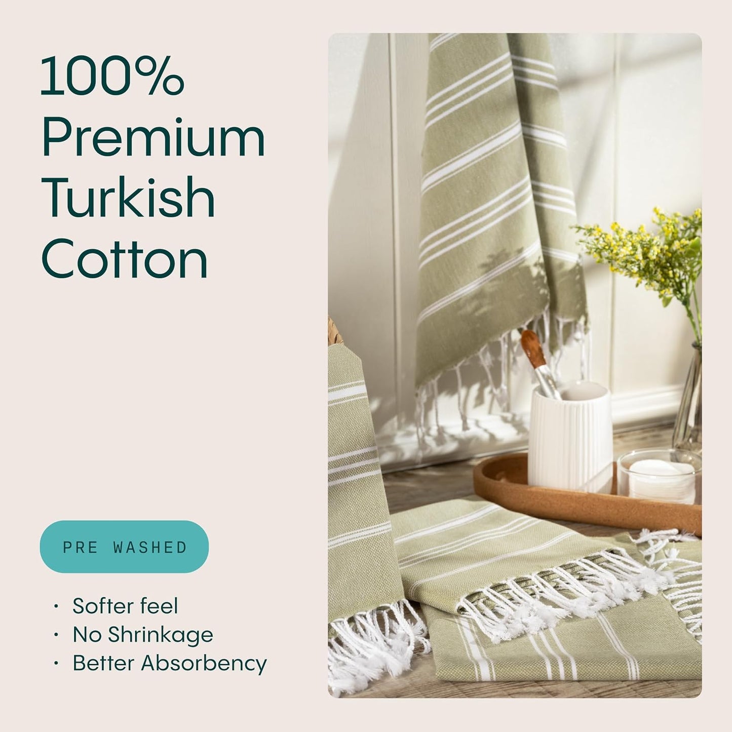 WETCAT Turkish Hand Towels with Hanging Loop, Set of 2 (20" x 30") 100% Turkish Cotton, Pre-Washed, Quick Drying, for Kitchen or Bathroom - Sage Green