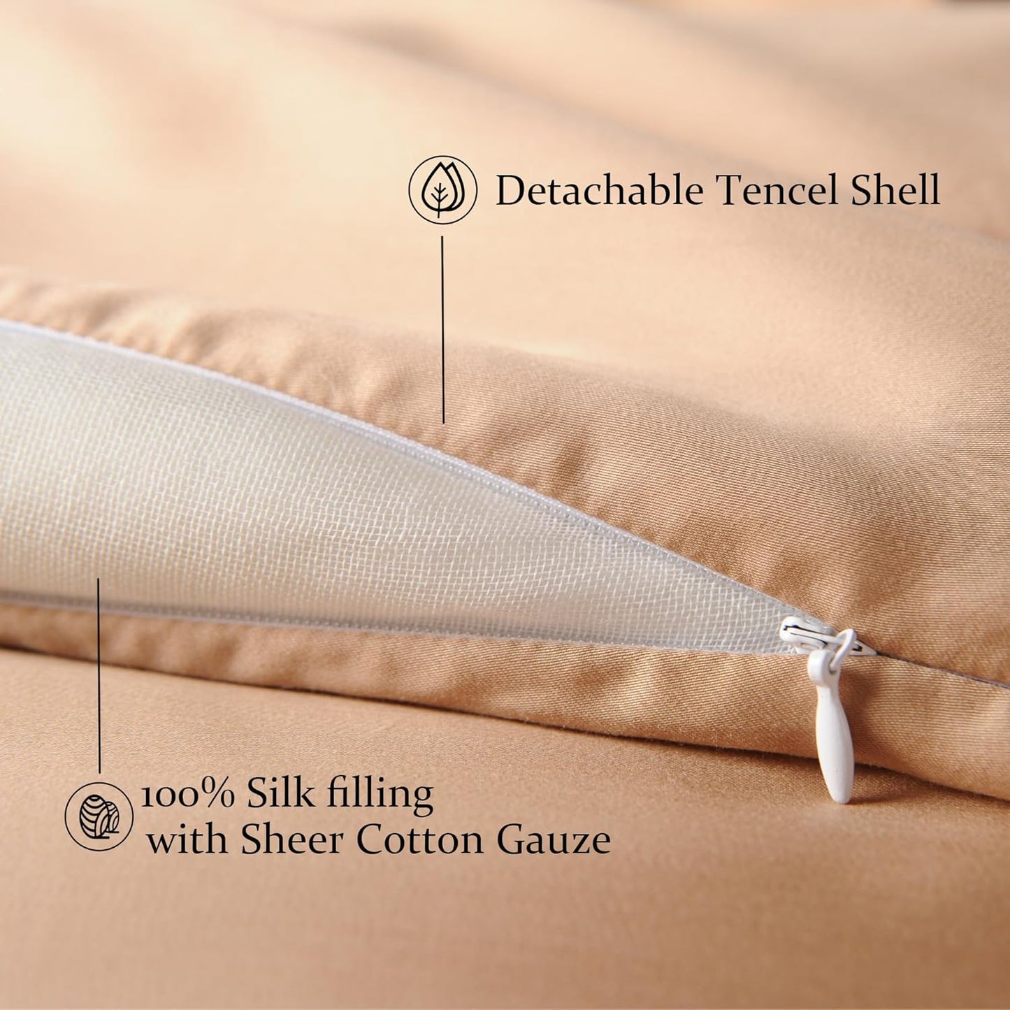 CUDDLE DREAMS Silk Filled Comforter for All Season, Detachable Tencel Duvet Cover for Easy Care, Naturally Breathable (Bronze, Queen)