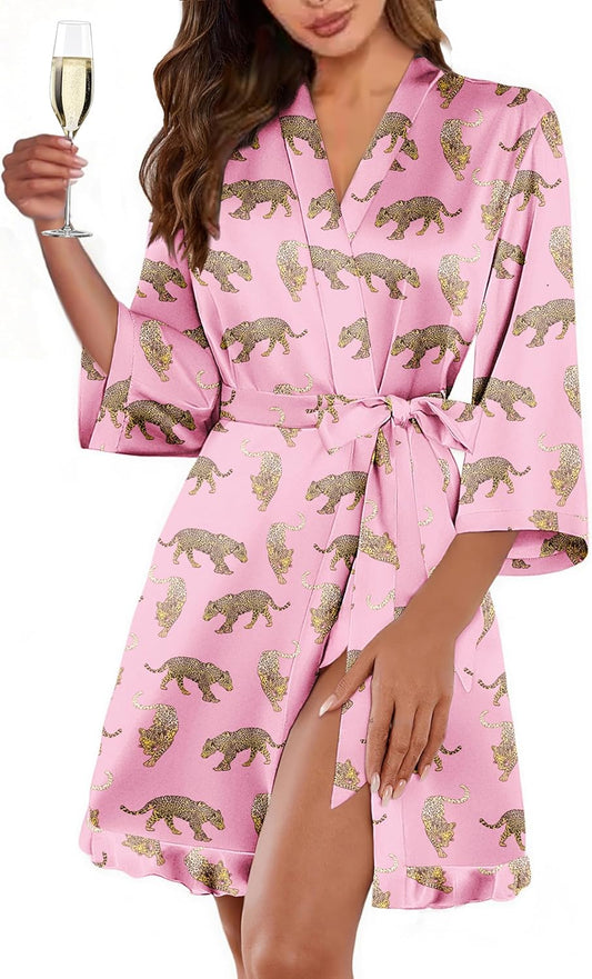 Ekouaer Women's Satin Robes Silk Kimono Bath Robe Short Ruffled Hem Bride Bridesmaid Sleepwear with Pockets