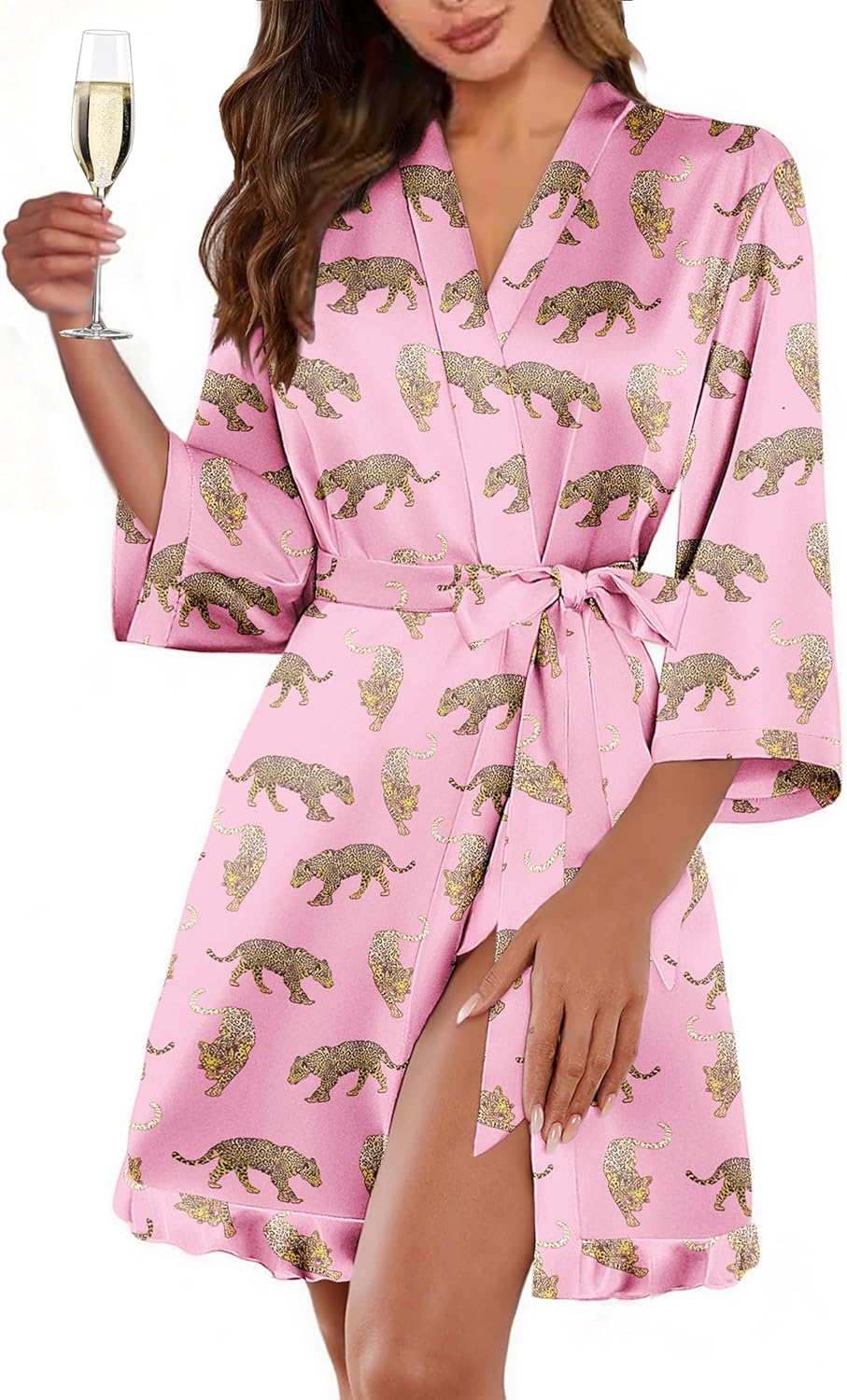 Ekouaer Women's Satin Robes Silk Kimono Bath Robe Short Ruffled Hem Bride Bridesmaid Sleepwear with Pockets