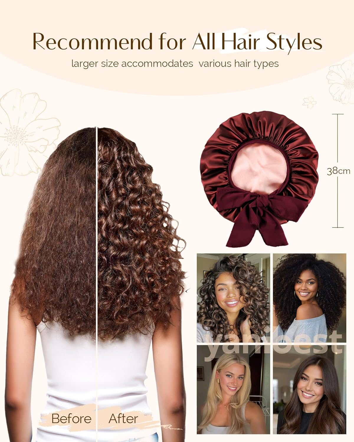 YANIBEST Silk Hair Bonnet for Sleeping, Double Layer Hair Bonnet with Elastic Tie Band for Curly Natural Hair Reduce frizz
