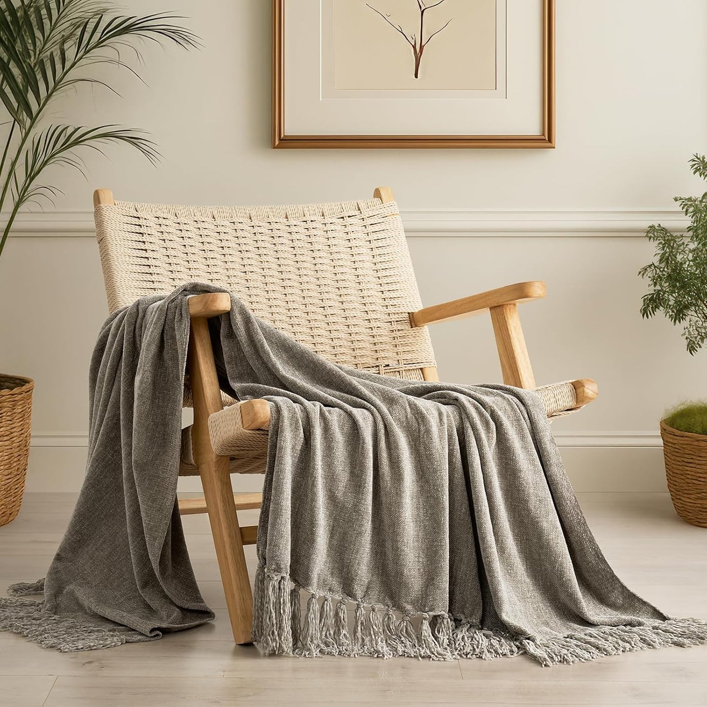EVERGRACE Soft Chenille Throw Blanket for Couch, Cozy Plush Fuzzy Decorative Chenille Knit Throw Blanket with Tassels, Lightweight Blanket and Throws for Bed Sofa Gift Home Decor, Taupe 50"x60"