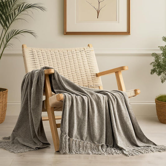 EVERGRACE Soft Chenille Throw Blanket for Couch, Cozy Plush Fuzzy Decorative Chenille Knit Throw Blanket with Tassels, Lightweight Blanket and Throws for Bed Sofa Gift Home Decor, Taupe 50"x60"