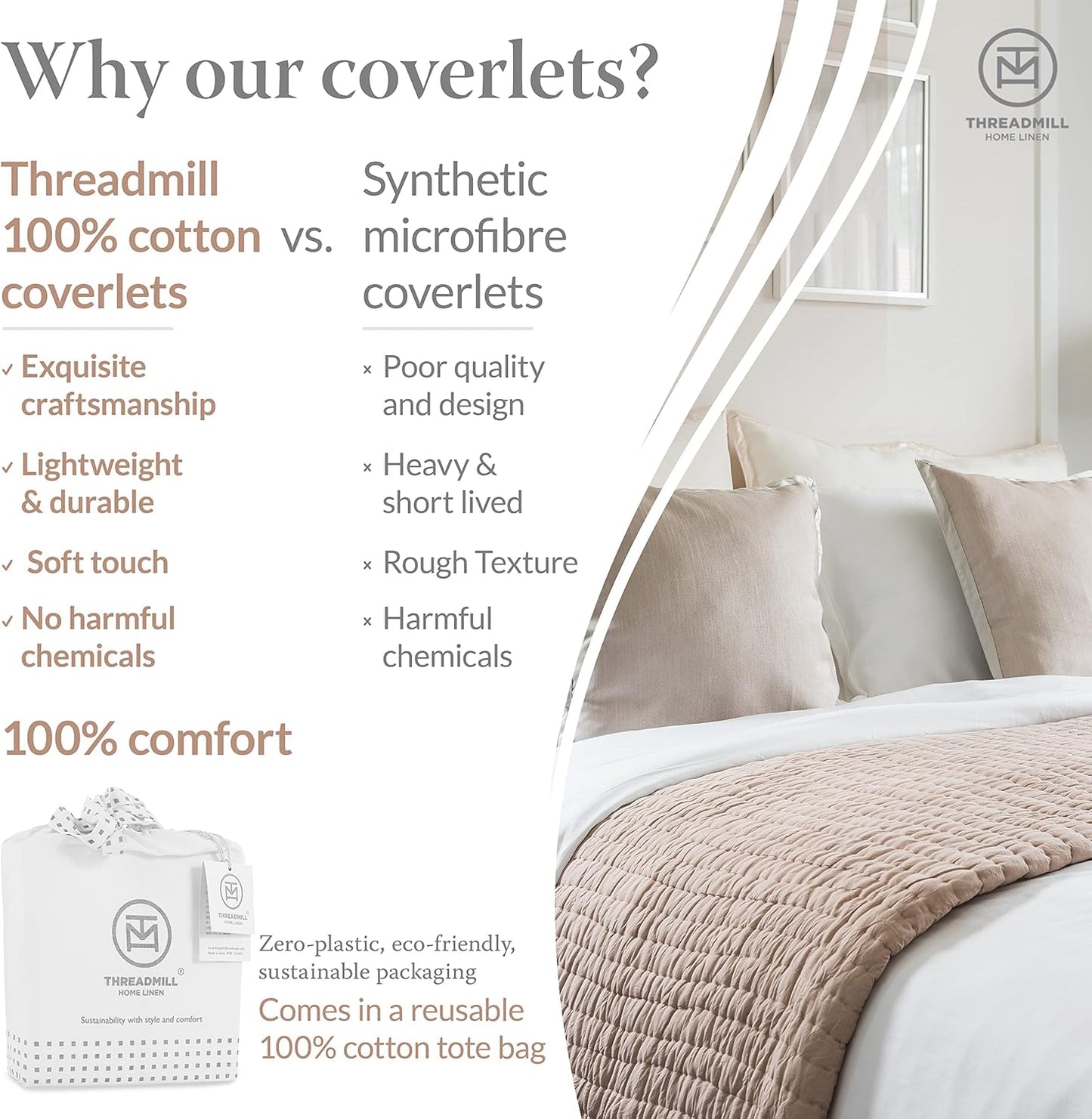 Threadmill Luxury Cotton Blankets for Queen Size Bed | All-Season 100% Cotton Queen Size Blanket | Aster Jacquard Cozy Lightweight, Soft Breathable Coverlet fits Full Size Bed, 90x92 | Beige