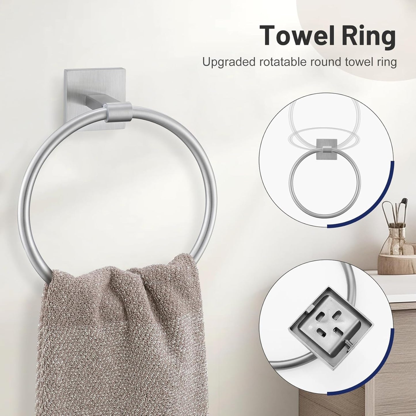 5 Pieces Bathroom Hardware Set, Brushed Nickel Towel Bar Set Includes 23.6” Towel Bar, Towel Ring Holder, Toilet Paper Holder and Two Towel Hooks, Bathroom Accessories Set SUS304 Wall Mounted