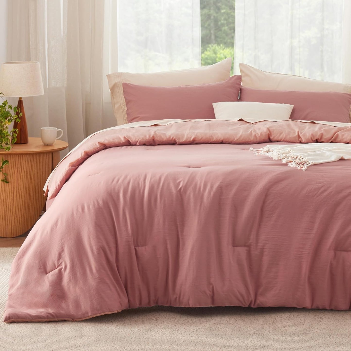Bedsure King Size Comforter Set, Reversible Pink Clay Soft Prewashed Bedding for All Seasons, 3 Pieces Warm Down Alternative Bed Set, 1 Lightweight Comforter (104"x90") and 2 Pillowcases (20"x36")