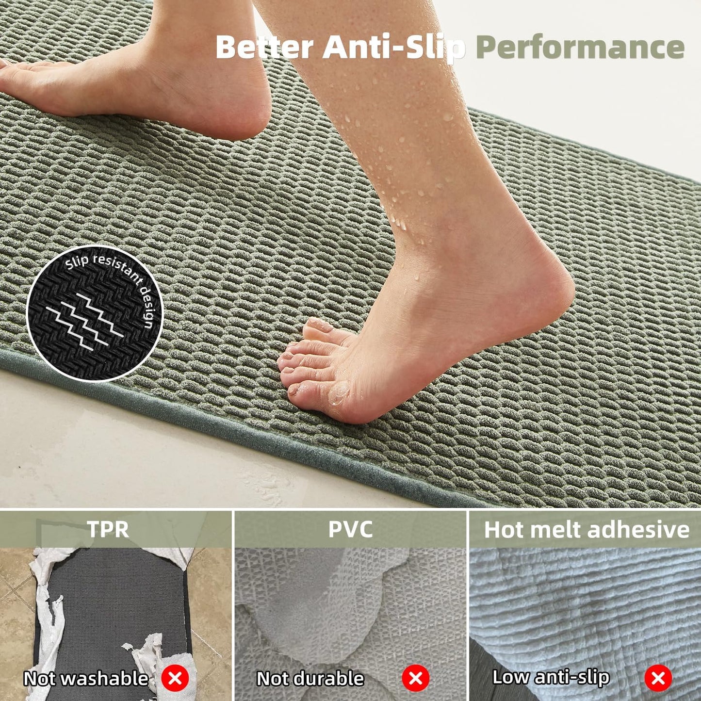 Bathroom Rugs Non Slip Washable, Super Absorbent Thin Bath Mat Small Quick Dry Low Pile Bathroom Rug, Sage Green 20"x30"