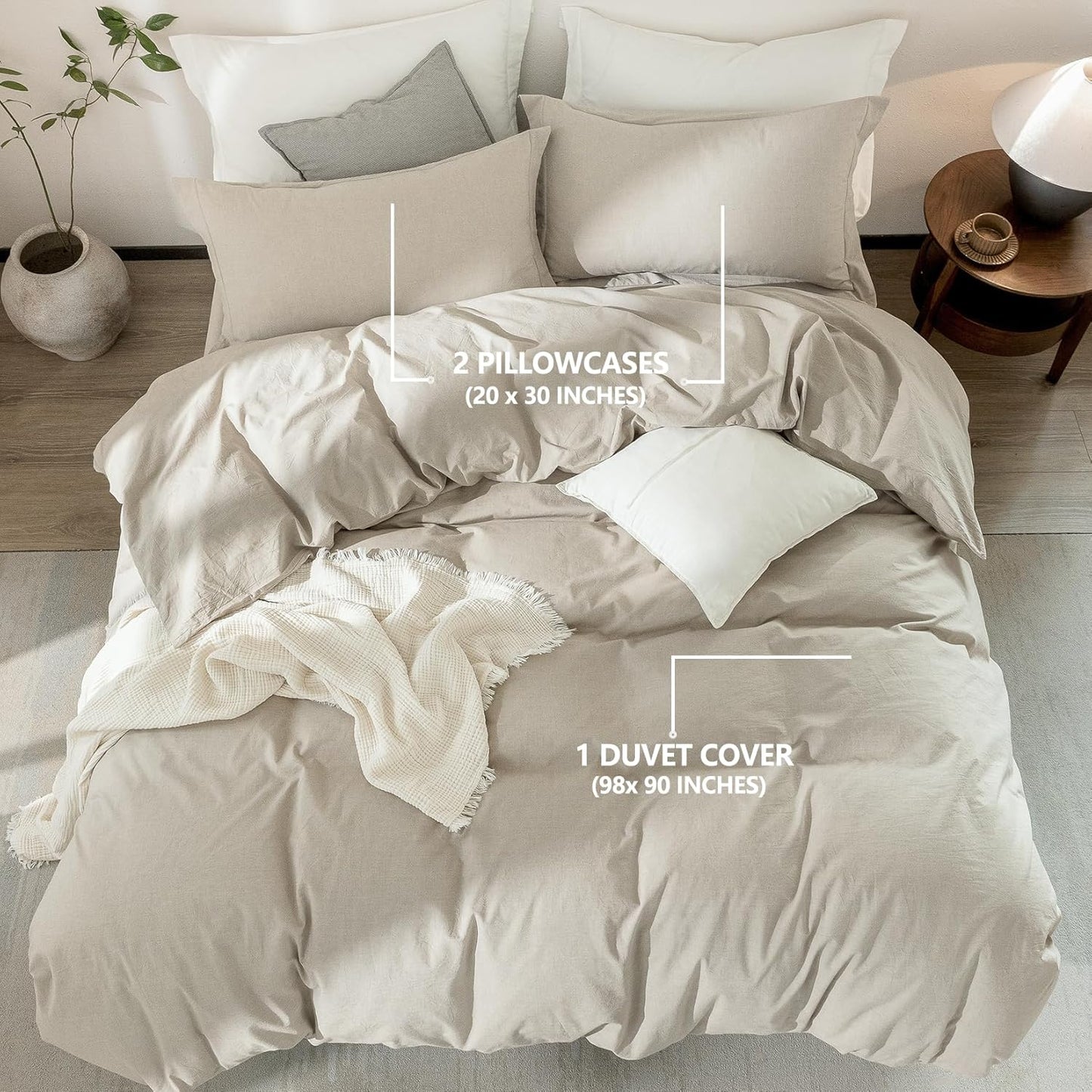 Linen Grey Duvet Cover Super Queen Size 98inch x 90inch,100% Washed Cotton Duvet Cover with Zipper Closure and 2 Pillowcases, Color of New Nature Linen