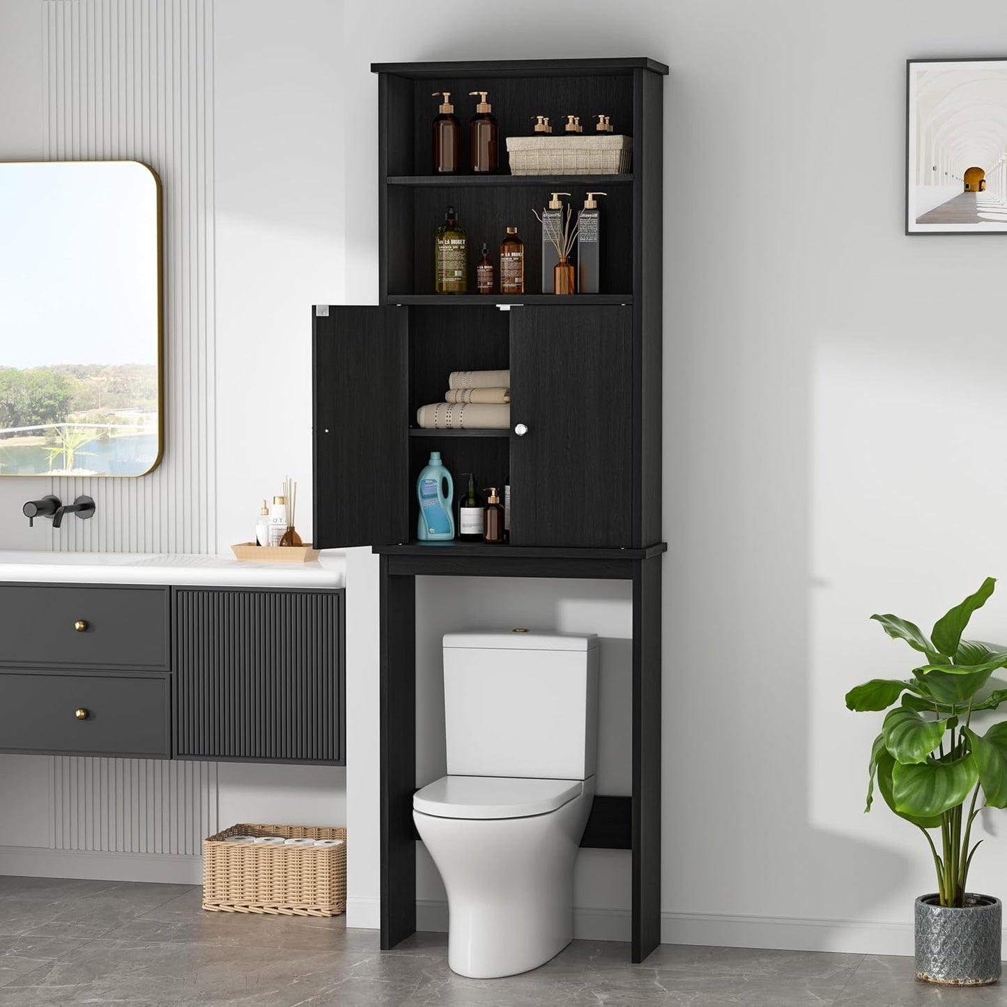 Walsunny Over The Toilet Storage Cabinet, Bathroom Organizer with Open Shelves and Double Doors, Space Saving Toilet Storage, Black
