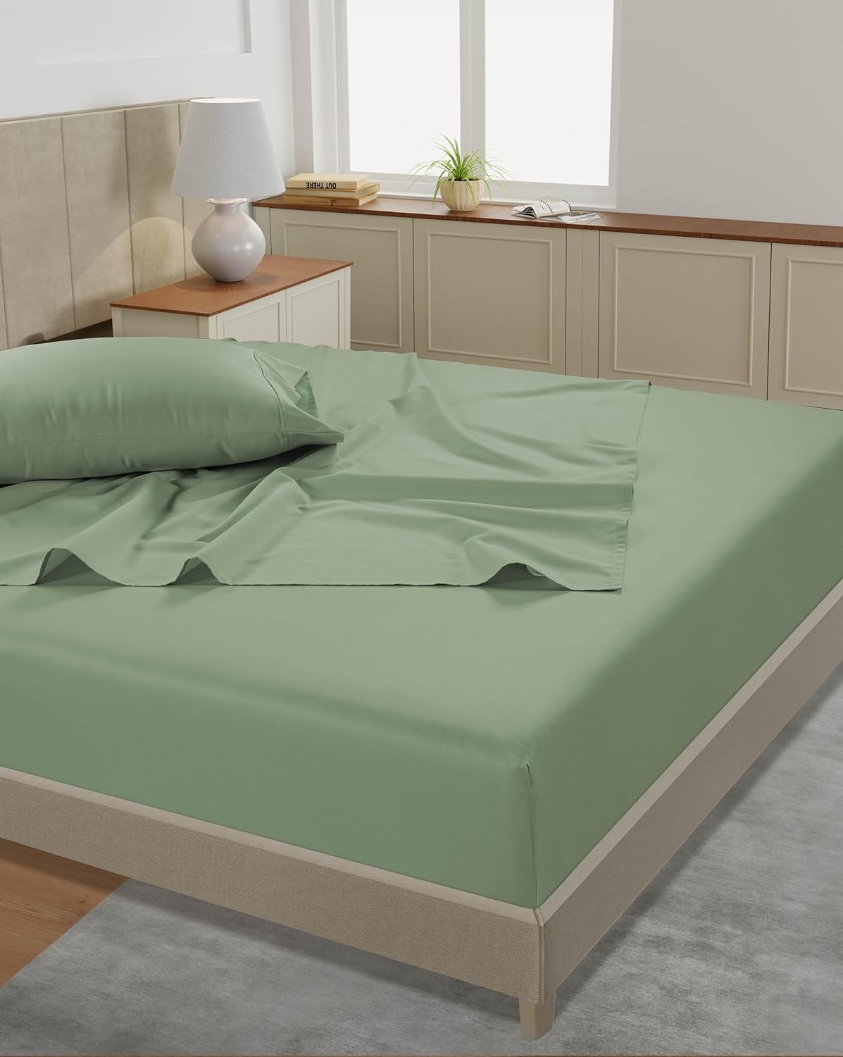 LANE LINEN King Size Sheets Set – 450 Thread Count Long-Staple 100% Cotton Bed Sheets, Naturally Cool & Durable for Everyday Use, Elasticised 15" Deep Pocket Fitted Sheet – Iceberg Green