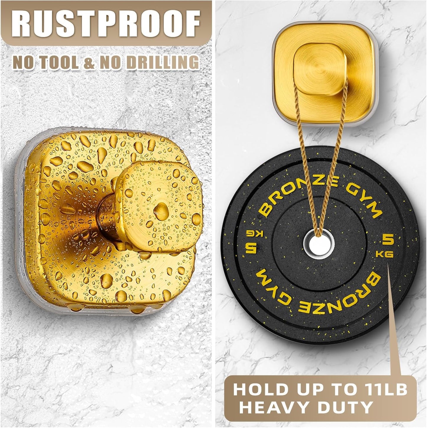 Suction Cup Hooks for Shower - Resuable Bathroom Hooks for Towels, Robes & Loofah - No-Drill Mounting on Kitchen,Walls,Metal,Glass,Mirrors,Tile & Smooth Non-Porous Surfaces (4, Brushed Gold)