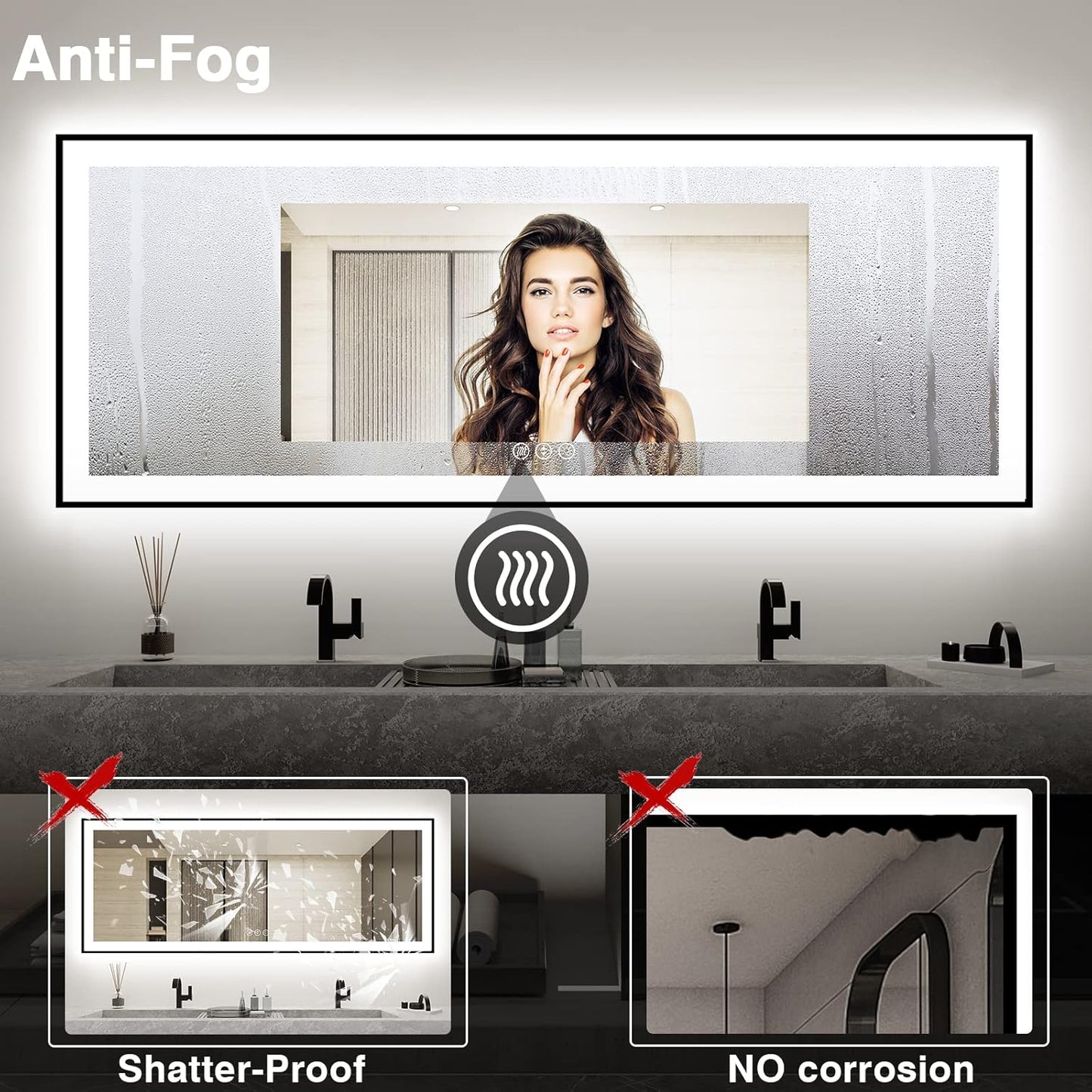 96x36 Large LED Bathroom Mirror with Lights - Black Aluminum(Front and Backlit),Anti-Fog Lighted Mirror for Wall,Stepless Dimmable Lighted Mirror,3 Colors Smart Mirror(Horizontal/Vertical)