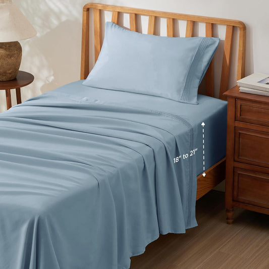 Bedsure Deep Pocket Twin Sheets Set - Fits Mattresses Up to 21 Inches Thick -3 Piece GentleSoft Bed Sheets, Moisture Wicking, Soft & Cooling Bedsheet & Pillowcases, Easy & Secure Fit, Mineral Blue