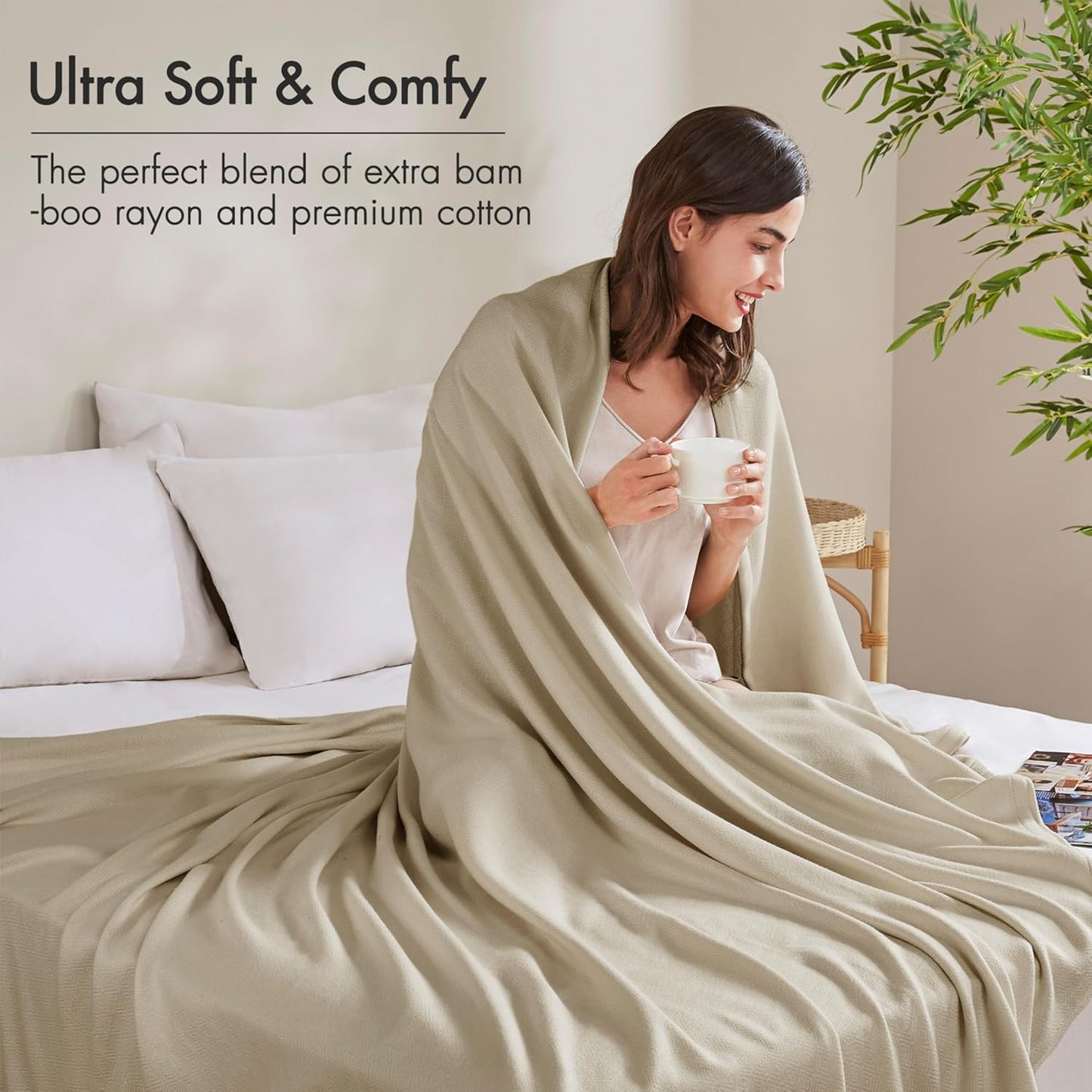 Madison Park Twin Size Blanket, 70% Rayon Bamboo-Based, 30% Cotton, Breathable for Hot Sleepers Menopause, Ultra Soft and Snag-Resistant, Summer Blanket for Bed or Couch, Twin 66"x90", Khaki