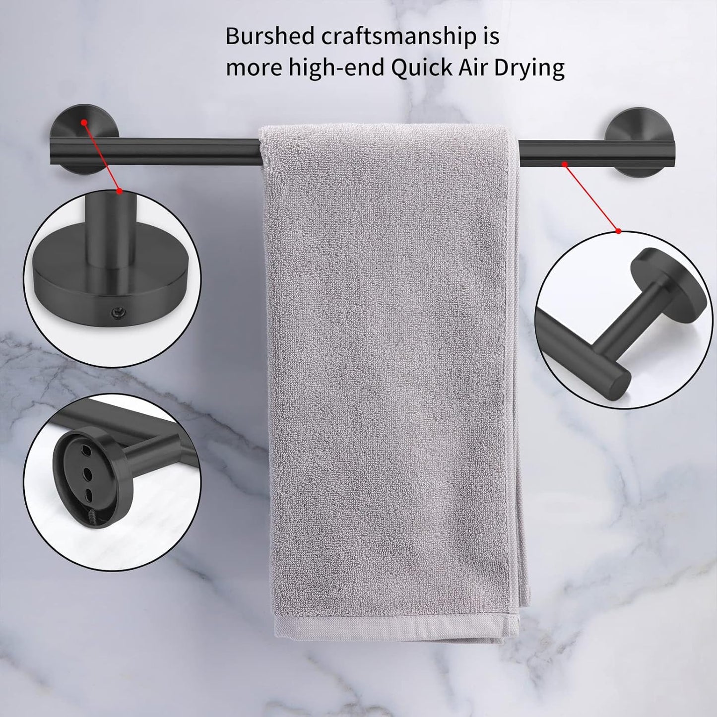 Cilee 10 Piece Matte Black Bathroom Accessories Set, 24inch Black Towel Bar Ring+Toilet Paper Holder+ Robe Towel Hook SUS304 Stainless Steel Bathroon Hardware Set