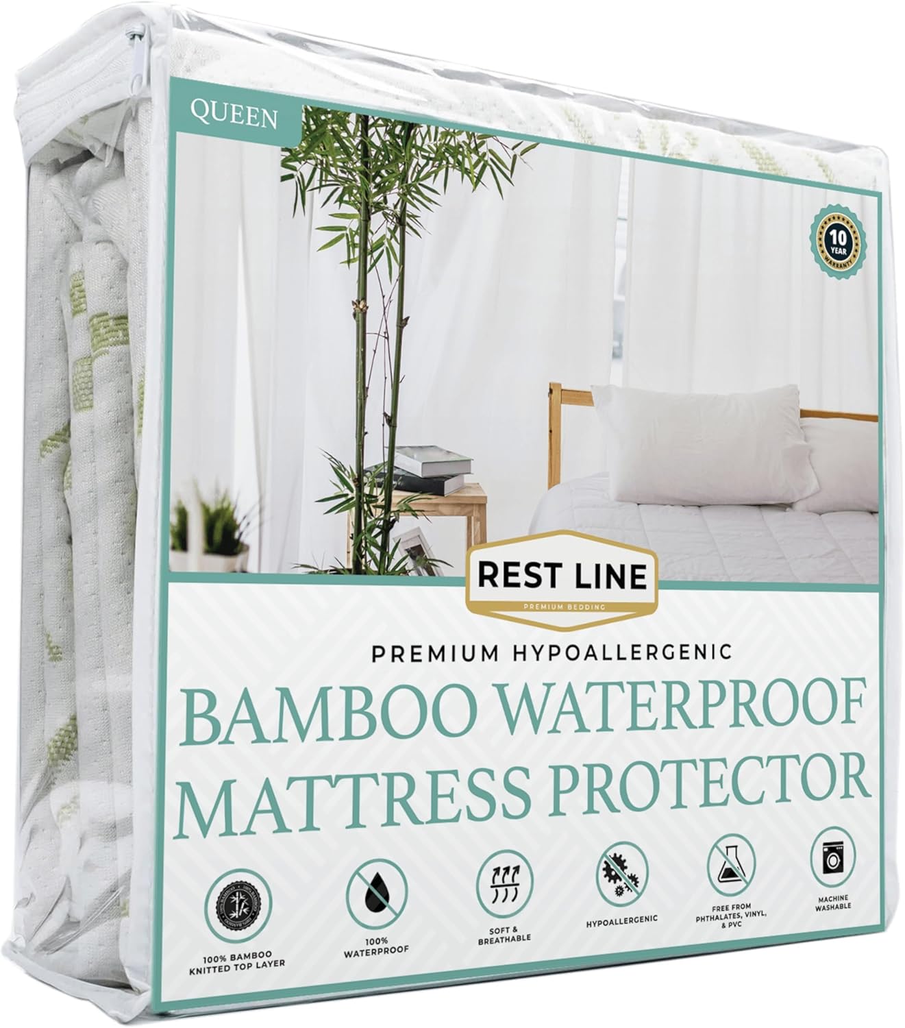 Queen Size 60x80” Premium Bamboo Waterproof Mattress Protector, 100% Viscose from Bamboo, Hypoallergenic, Cooling Mattress Pad Cover, Soft & Breathable Fitted Sheet Style up to 18" Deep - Rest Line