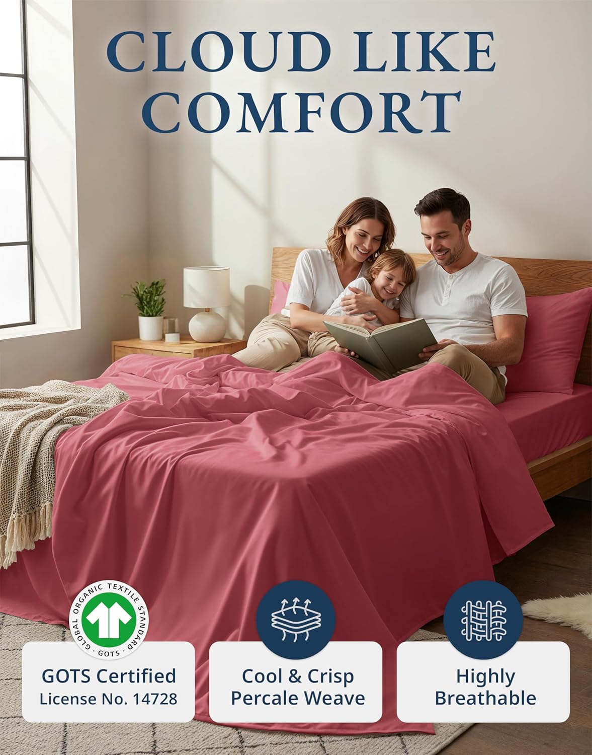 LANE LINEN 100% Organic Cotton Queen Sized Sheets, Fuly Elasticized Mercerized Low Pill Fade Resistant Percale Weave Bedsheets for Queen Size Bed, Soft and Comfy Sheet & Pillowcase Sets - Mineral Red
