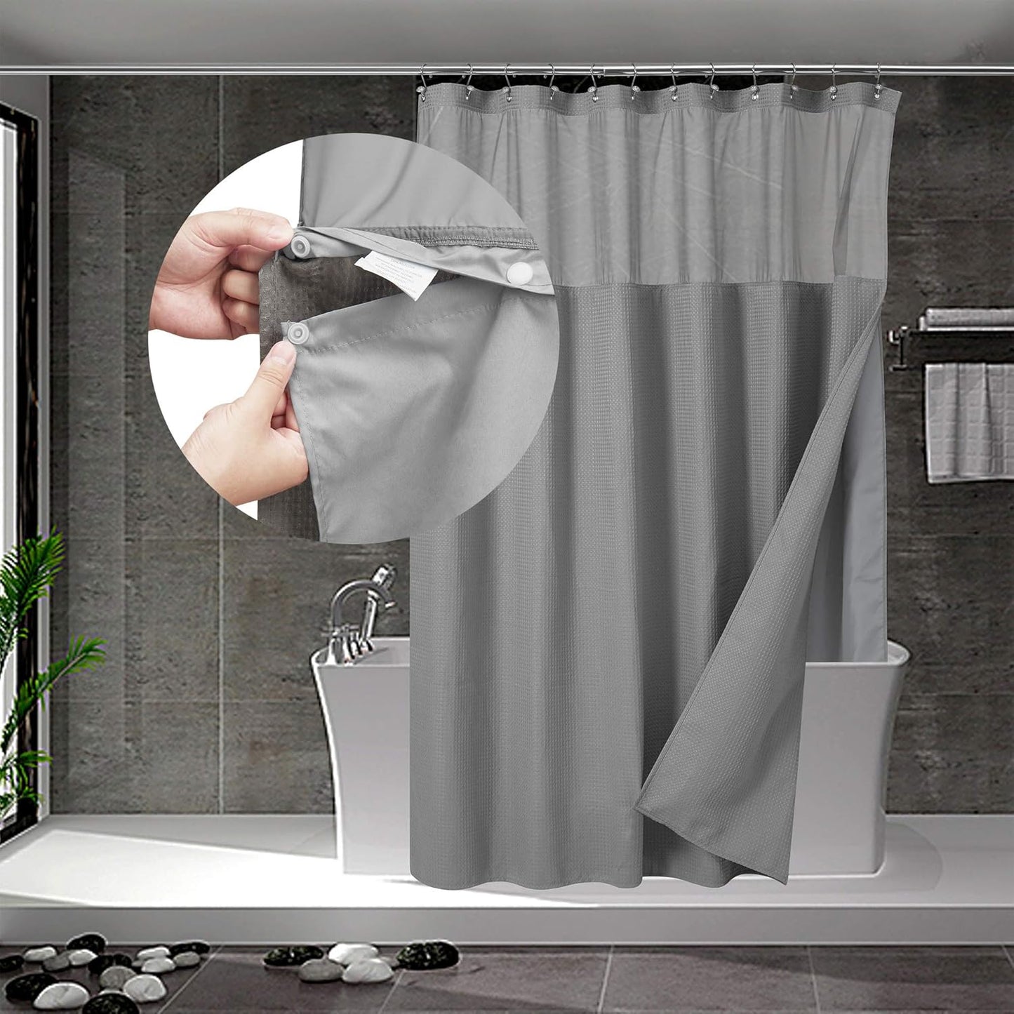 N&Y HOME Extra Long Waffle Weave Shower Curtain with Snap-in Fabric Liner Set, 12 Hooks Included - 71" x 84", Hotel Style, Mesh Top Window, Machine Washable & Water-Repellent - 71x84, Gray
