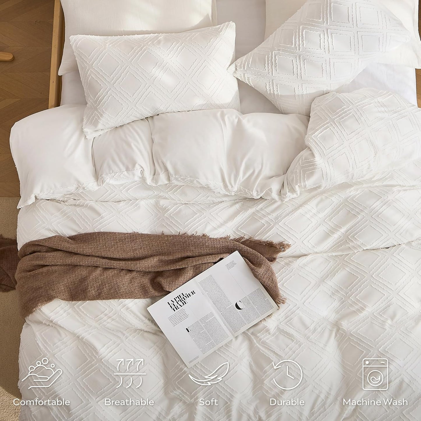 JELLYMONI Duvet Cover Super Queen Size White - 3PCS Boho Duvet Cover Set Plaid Polyester Tufted Bohemian Jacquard Knit Textured Comforter Cover 98×90in Rhombic Geometric Pattern Zipper Corner Tie