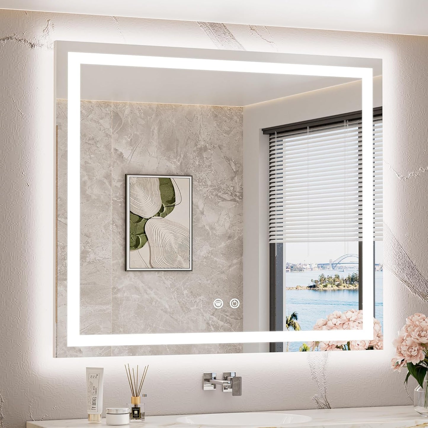 TETOTE LED Bathroom Mirror with Lights 40 x 36 Brighter Light up Mirror for Bathroom Vanity, Front and Backlit 3-Color Dimmable Illuminated Antifog Mirror Wall Mounted, Waterproof, Tempered Glass