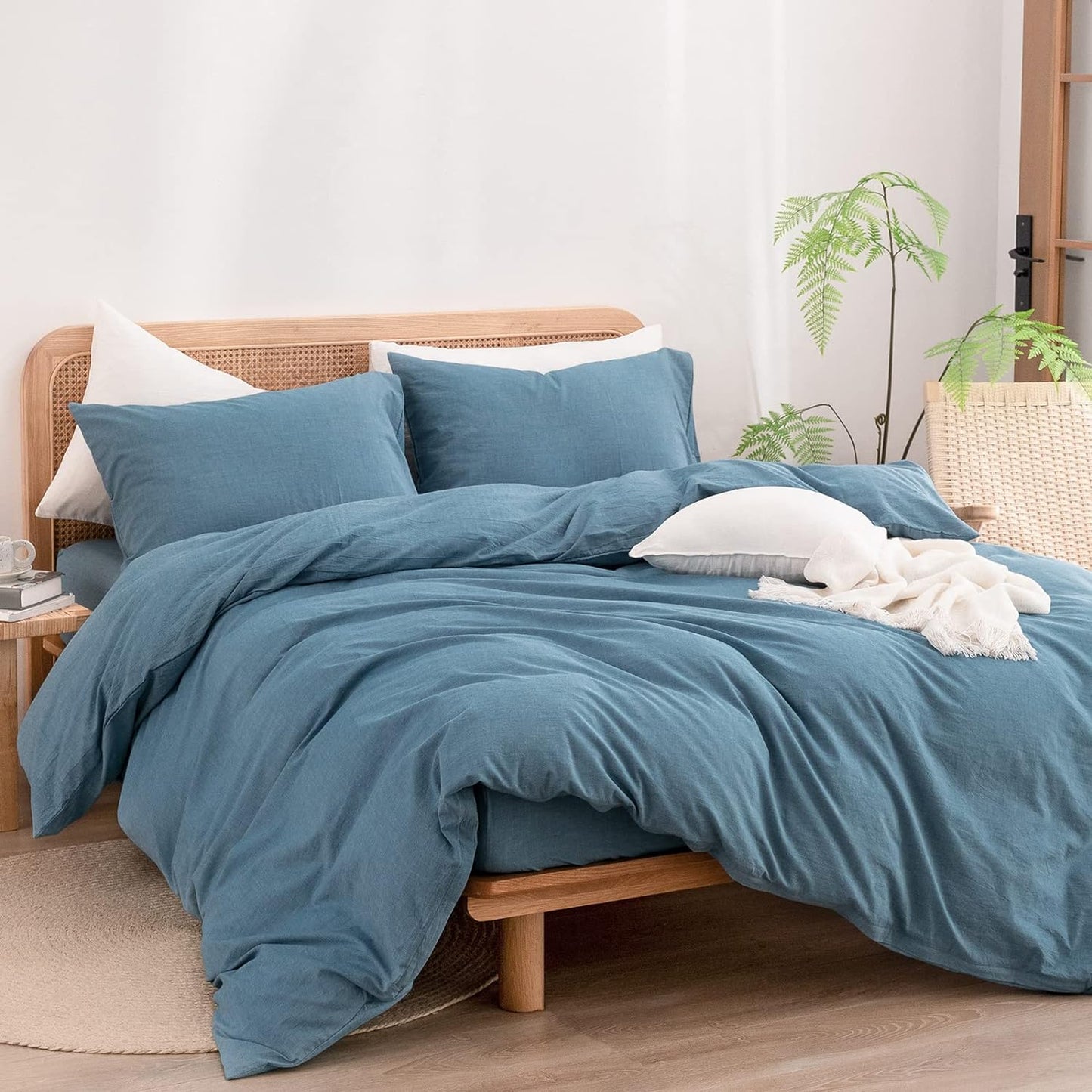 BESTOUCH Duvet Cover Set 100% Washed Cotton Linen Feel Super Soft Comfortable Chic Lightweight 3 PCs Home Bedding Set Solid Dark Blue Cal King