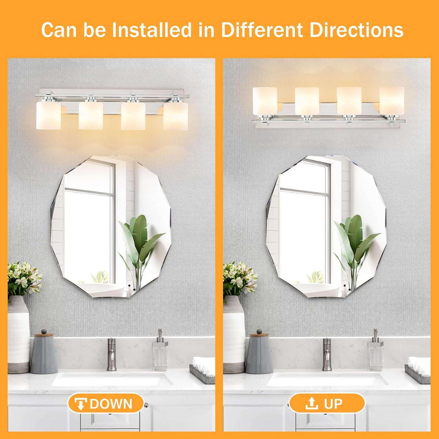 4 Light Modern Bathroom Light Fixtures Over Mirror, Chrome Vanity Lights for Bathroom Wall Sconces with Milky White Glass Shades, E26 Socket (Bulbs Not Included)
