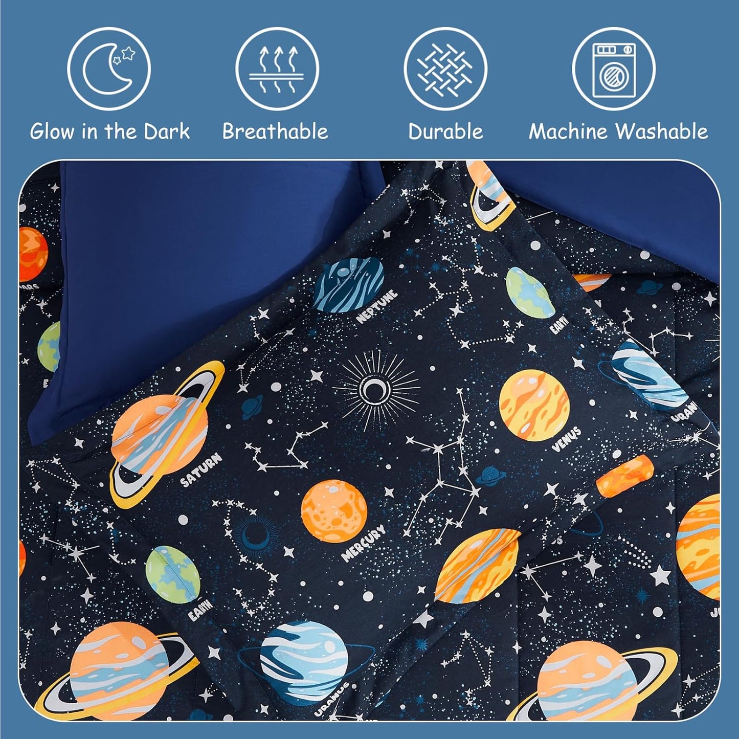 Glow in The Dark Kids Comforter Set Full Size for Boys Teen, Space Bedding Set 1 Comforter, 1 Decor Pillow, 2 Pillow Shams