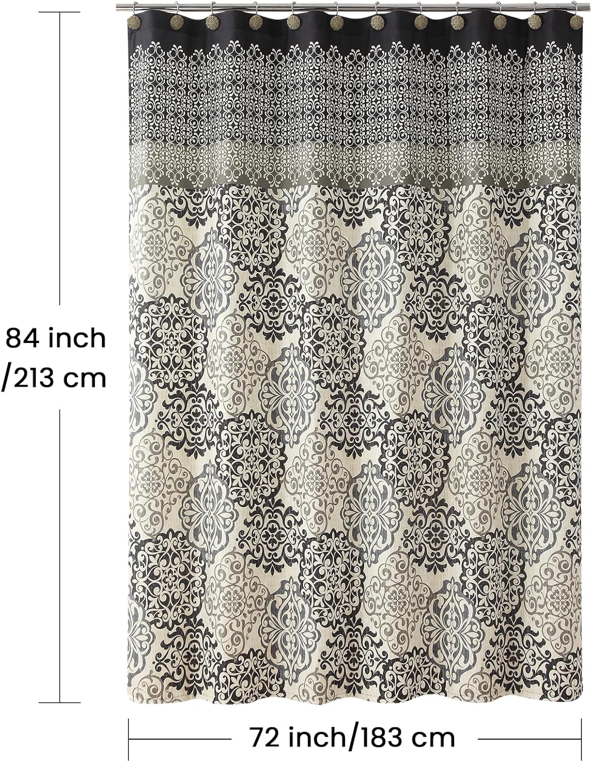 Extra Long Fabric Shower Curtain, Black and Beige Boho Medallion Print Shower Curtains for Bathroom, 72" W x 84" H