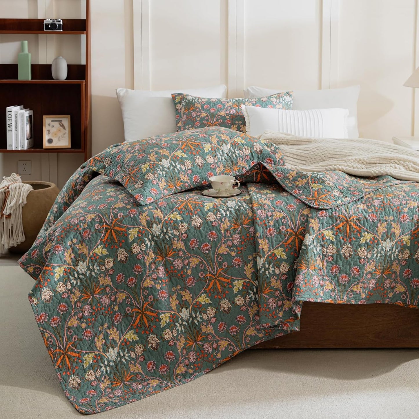 Lady Ann 100% Cotton Floral Quilt Sets Queen - Vibrant Paisley Flowers Pattern Plant Botanical Printed Quilted Bedspread & Coverlet Set, 3 PCS Lightweight Extra Soft Queen Bedding Sets All Season